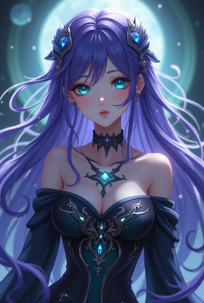 Anime goddess of darkness, with long purple hair and aqua green eyes