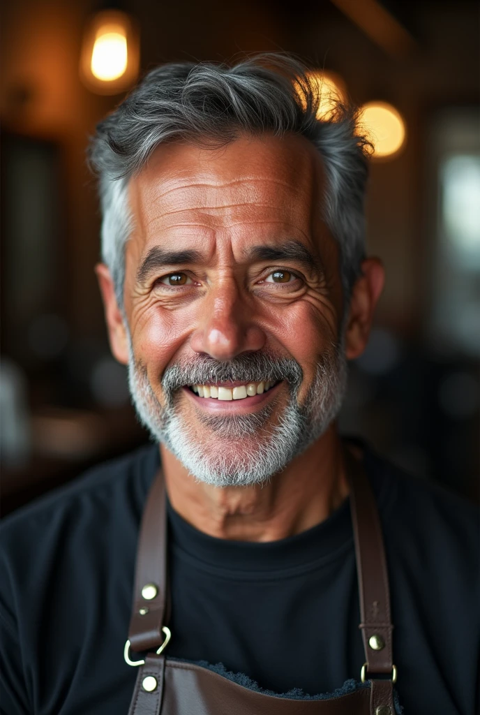 Portrait of a Latin Barber, tanned skin, wrinkles around the eyes, friendly smile, wearing a black t-shirt and a leather vest, blurred background of a barbershop."