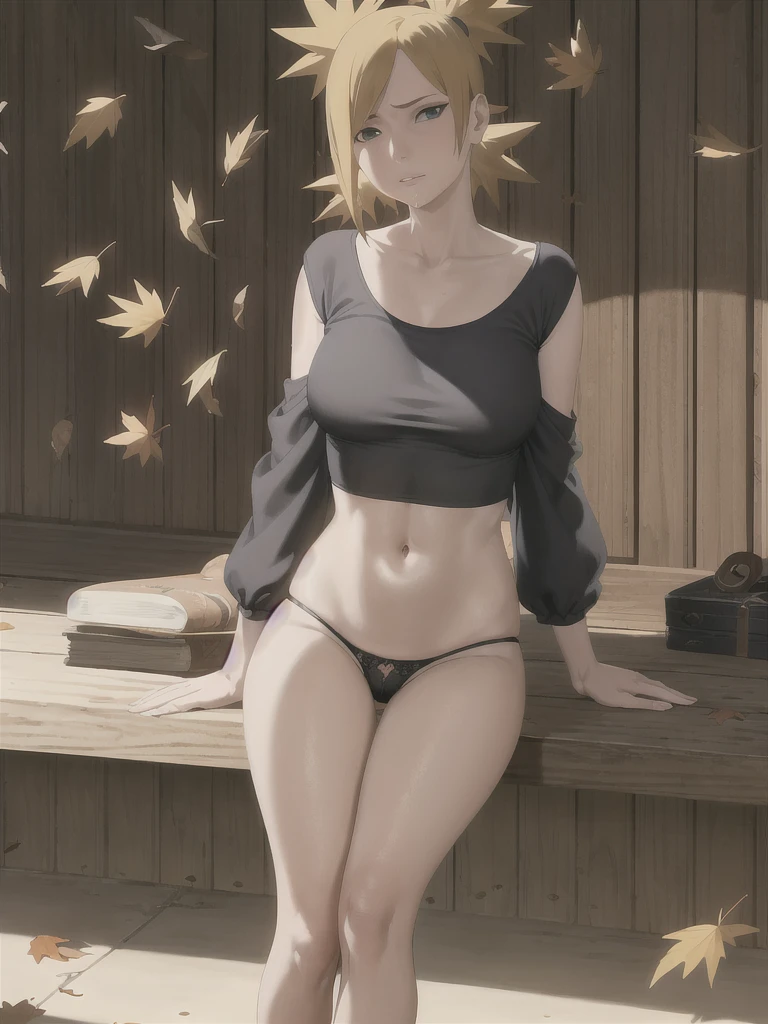 Artwork, absurderes , (Intricate details), (fullcolor),cinematic lighting,gunshot, no bust,extremely detailed 8k CG unity wallpaper,Temari\(boruto\), 1 girl, mature woman,yellow t-shirt,wore a tight black bra, wet white panties, While sitting, Full ar, (falling leaves:1.3), Outo
no leaves, (Thu), sun lighting, Maple tree, parted lips,Tuuli,  looking ahead at viewer,  