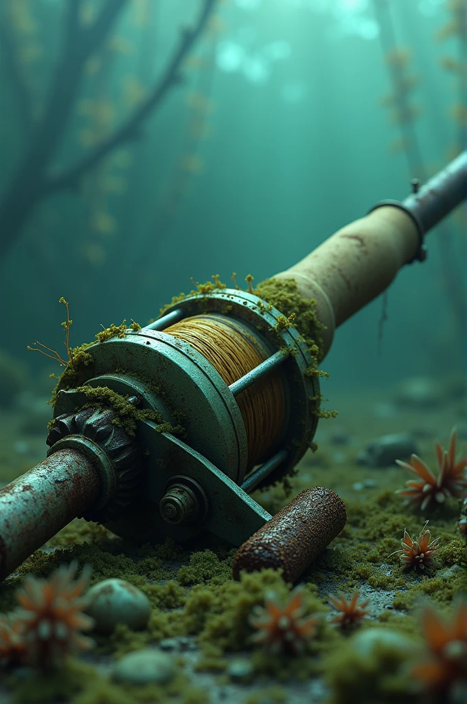 Old fishing rod baitcaster underwater covered in algae and barnacles