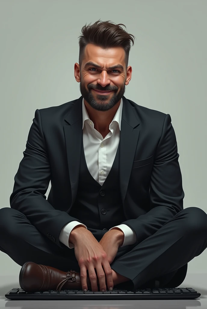: A picture of a man sitting on a keyboard, looking smug and stressed