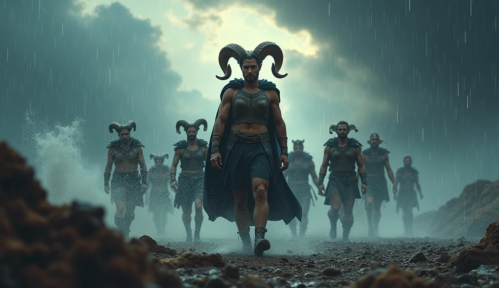 A dynamic image of an Aries figure, confidently leading a group through a stormy landscape, symbolizing their boldness and initiative. The atmosphere should be energetic and assertive. --ar 16:9