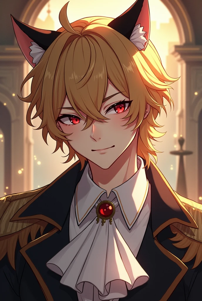 ((unreal engine, High quality 4K, ArtStation Trends, pixiv,Smooth rendering )) The blonde anime man has 2, wearing a rich white ruffled shirt and tie, ruffled collar, an artist in leather armor. Cat-like tiger ears on the head., a mocking and cunning face, a slight smile, squinted eyes. (black sclera, red irises). Abstract background with circus and theatrical motifs., ((medieval fantasy setting, dnd,)) Bard, wavy yellow hair, long wavy bang (asymmetrical bangs on one eye, hair gathered behind the ear on one side), aesthetics of old movies, reverence, mannerism, portrait, , soft shadows, dark cinematic lighting, mystic,(oblique bangs over one eye), sly and charming smile, long face, recruiter, a dynamic shot, dynamic angle, rpg game character portrait, a relaxed , close up, glitter particles, VictorianPunkAI, Detailed beautiful face, that is similar to bennet from genshin impact