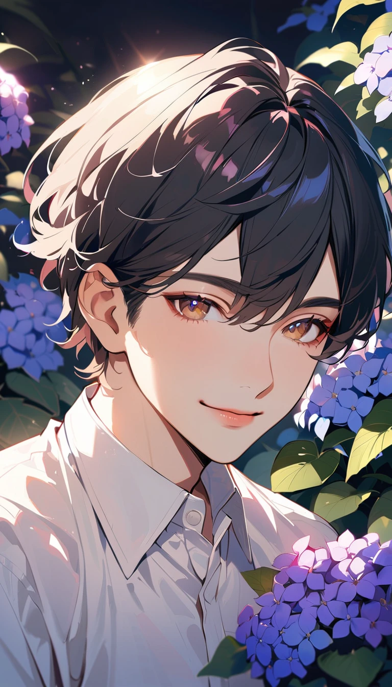 1man, solo, short cut, black Hair, brown eyes, light lips, smile, 25years old, hydrangea