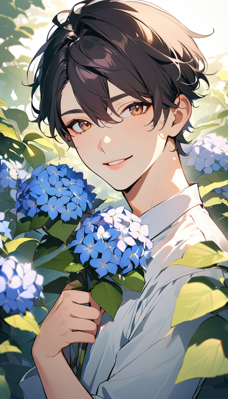 1man, solo, short cut, black Hair, brown eyes, light lips, smile, 25years old, hydrangea