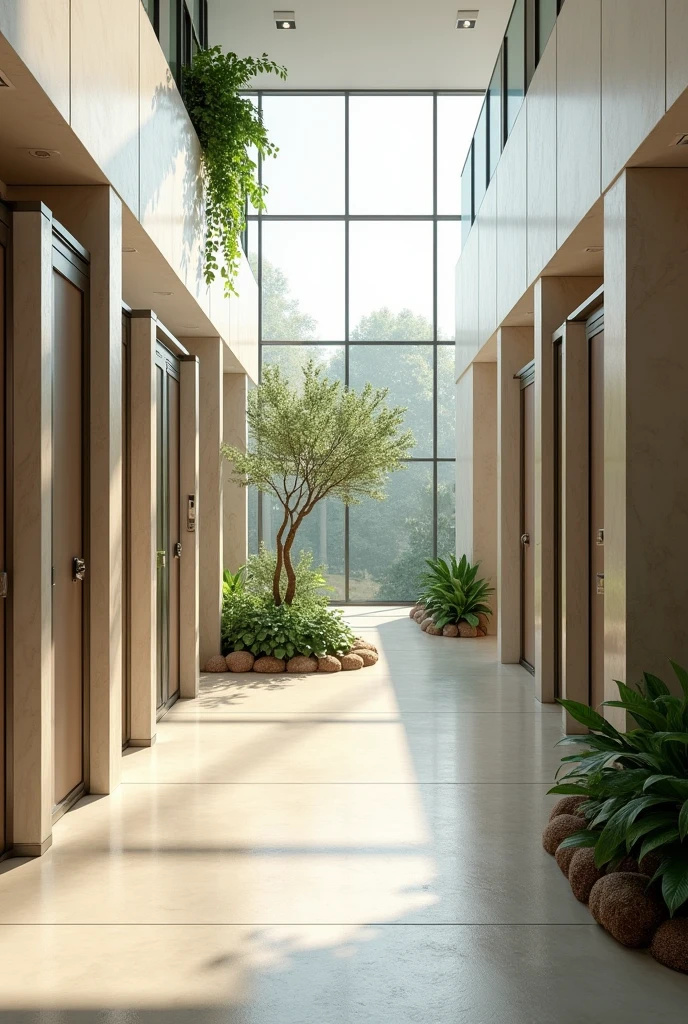 Shopping mall bathroom with several shower stalls with natural light and a small garden 
