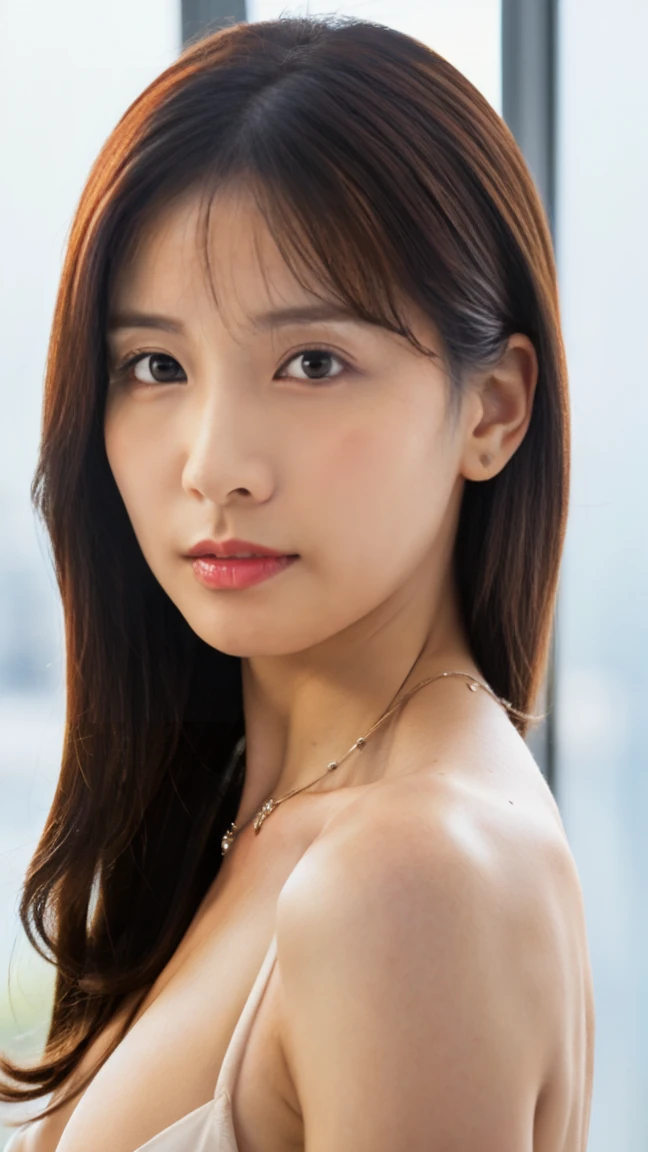 (top-quality, 16K, masterpiece:1.3), (ultra detailed), (masterpiece), (best quality), Highest quality, Realistic, surreal, Highest quality, Extremely detailed CG, Very delicate, 16K wallpaper, High resolution, A female manager working for a top company, 3, ((Light makeup:1.5)), ((There is a mole on the face that is considered seductive:1.0)), ((UNTITLED business suits:1.2)), ((A very simple necklace)), Japanese office with large windows, ((arched back:1.5)), Japanese, slender body, ((middle breast:1.5)), very detailed, detailed fingers, detailed hands, detailed eyes, detailed legs, accurate and perfect human anatomy, real human skin, BREAK ((upper body:1.5)), ((look into the viewer's eyes:1.5)), ((looking at viewer:1.5)), ((Front view:1.5)), ((from front:1.5)),
