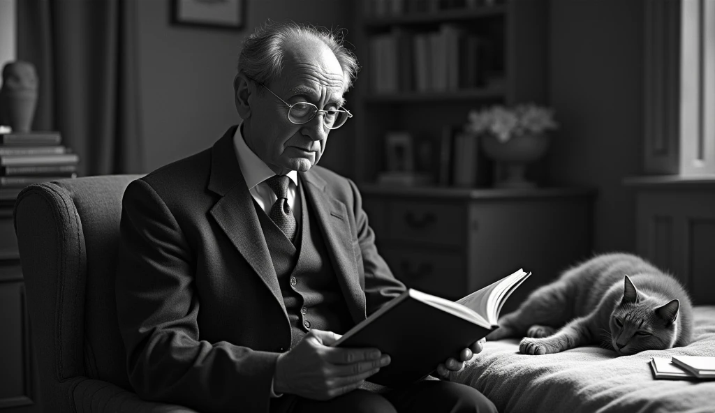 black and white image of a thin, elderly man with a serene and contemplative expression. He has short, dark hair, a little gray, no beard, and is wearing a classic 1930s suit, with small, square prescription glasses and a discreet tie. Cayce is lying with a cat near death on a bed from the same decade in an environment that looks like a house from that time, with books and papers in the background. The soft, diffuse lighting highlights his face, transmitting an aura of wisdom and introspection. In one hand, he holds an open book, symbolizing his knowledge and psychic abilities. The scene has a nostalgic and mysterious tone, reflecting the enigmatic character. talking to several people