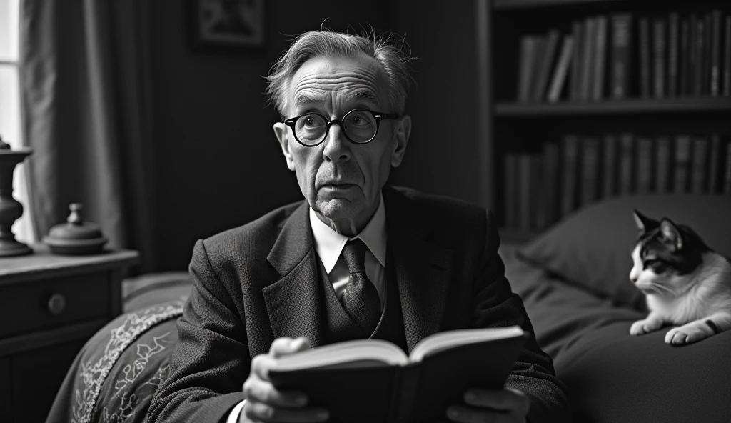 black and white image of a thin, elderly man with a serene and contemplative expression. He has short, dark hair, a little gray, no beard, and is wearing a classic 1930s suit, with small, square prescription glasses and a discreet tie. Cayce is lying with a cat near death on a bed from the same decade in an environment that looks like a house from that time, with books and papers in the background. The soft, diffuse lighting highlights his face, transmitting an aura of wisdom and introspection. In one hand, he holds an open book, symbolizing his knowledge and psychic abilities. The scene has a nostalgic and mysterious tone, reflecting the enigmatic character. talking to several people