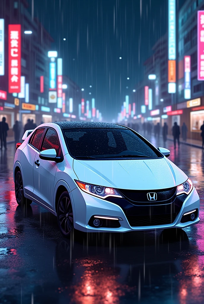 An anime-style image of a white 2013 Brazilian Civic with a black roof on a rainy night in a city full of lights
