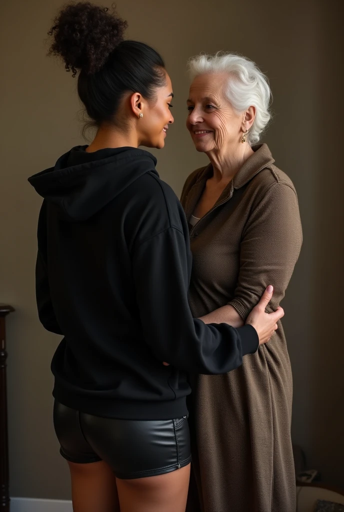 black woman hair in a bun black hoodie black leather short shorts being fucked in the ass by a old grandma in a dress