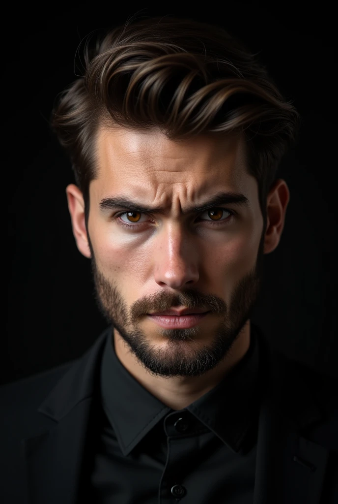 a bearded and elegant man, Youngh, staring at the camera with a serious look and a frown, ultra realistic 8k quality, brown and reflective eyes, black backdrop, serious look and microexpression of anger