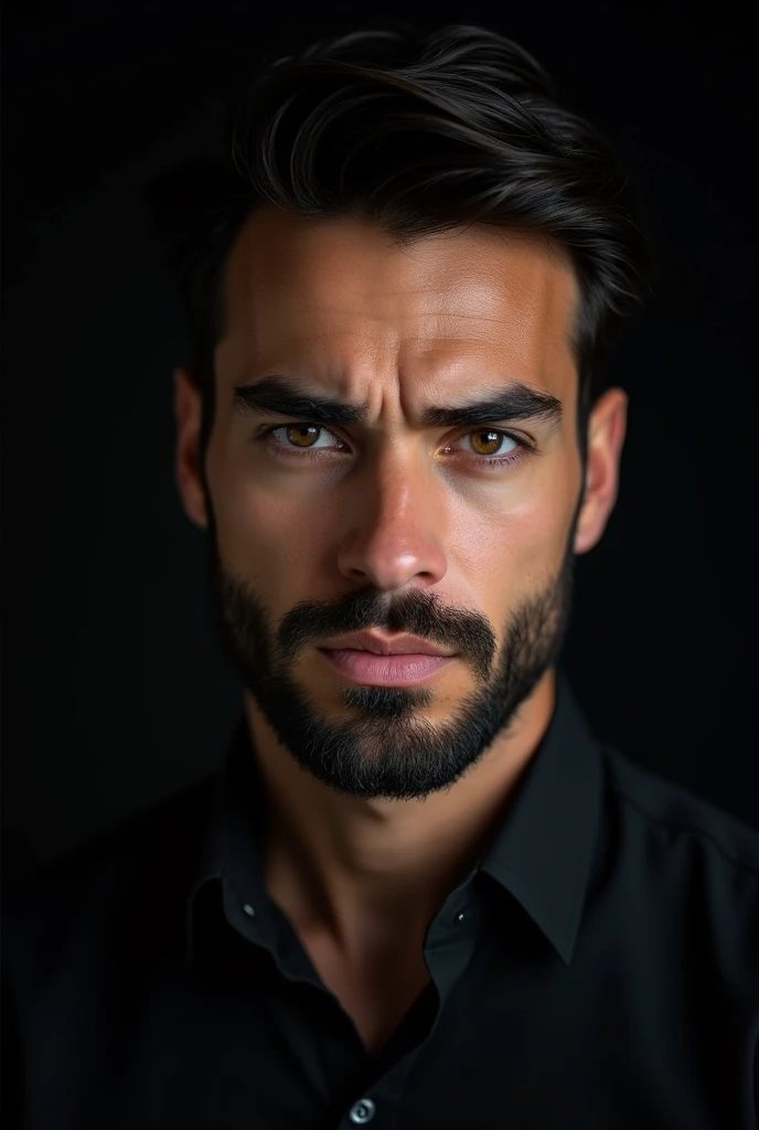 a bearded and elegant man, Youngh, staring at the camera with a serious look and a frown, ultra realistic 8k quality, brown and reflective eyes, black backdrop, serious look and microexpression of anger