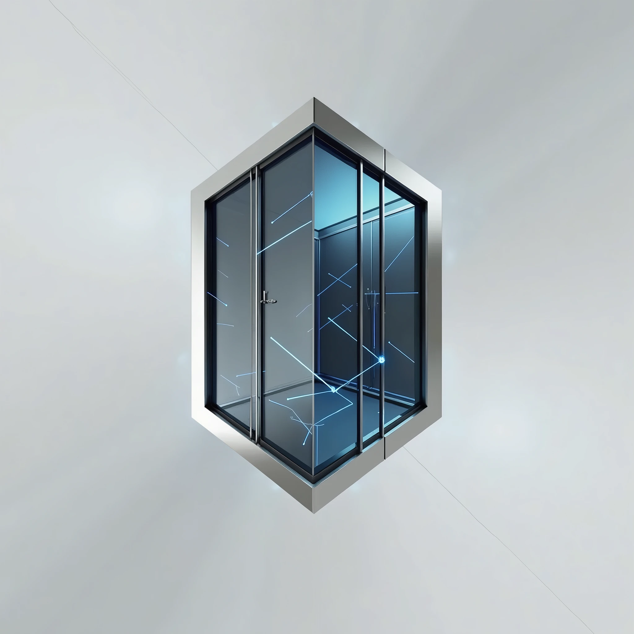 Imagine creating a 3D view image of a magnificent architectural work rendered from a marvel of aluminum with reflective glass, where light is reflected creating a complex pattern. The frame must be angular and precise, while glass can have subtle reflections of light. Use metallic tones like silver and grey, with blue details for light reflection, creating an image that suggests innovation and high technology."of the structure of a figure that on one side is a door and on the other side a window this image is very detailed with bright colors and chromes, in the structure
