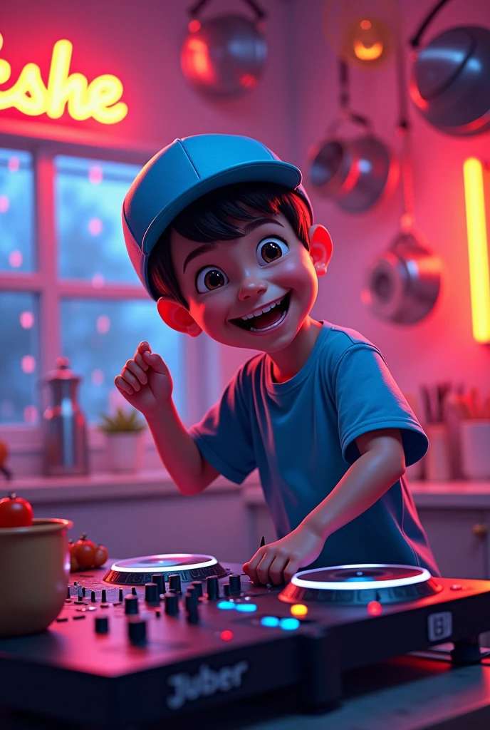 create an image of a boy with a blue cap, a very happy DJ, playing his equipment, in a kitchen, with neon lights and hanging pots and cutlery