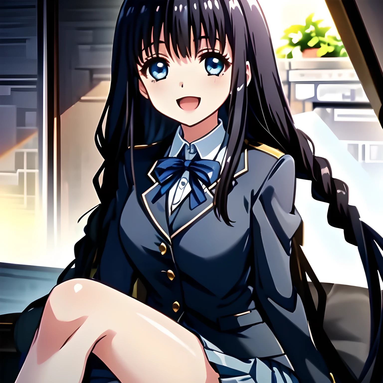 (highest quality, masterpiece, Full HD, High definition: 1.2), (Game CG art of beautiful laughing seated girl: 1.2), (Just one very beautiful date-game heroine who is looking and laughing at me, Very detailed cute **** heroine's eyes and face, Beautiful eyes with detailed: 1.0),  (Girl whom everyone loves because of her beauty and lovely fashion and noble manner. : 1.0),  (Very beautiful, wavy, cutely shining super-super-long blue hair, with elegant hair ribbons, spreading on whole the screen: 1.0), (Laughing very beautiful and lovely sapphire-blue intelligent eyes which charms and enslave me inevitably, with clearly detailed: 1.4), (Eyes are clearly detailed), (very long eyelashes: 1.0), (Noble black neat sailor-styled formal school uniform with a noble expensive ribbon on the chest: 1.0), (Blue charming pleated school skirt: 1.0),  (Soprano singer of classic music: 1.0), (Can't stop giggling: 1.4), Clear skin