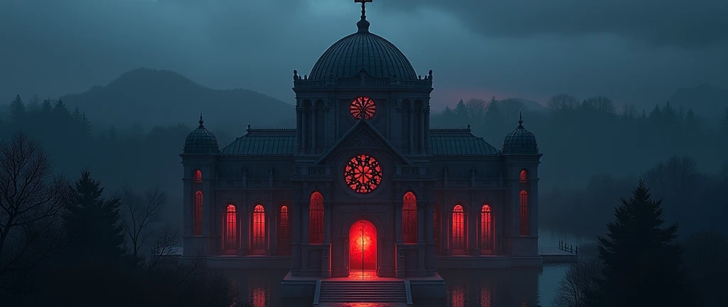 vampire the masquerade, map rpg, ((a large church, temple, with a huge cross, the roof made of glass, dome-shaped roof)), game art, birdseye straight top-down shot from a drone, battlemap, current modern theme, seen from above, role-playing game, empty location, nighttime environment, (with realistic proportions and textures, intricate details, handdrawn, vibrant, cinematic lighting, masterpiece, 8k:1.2)