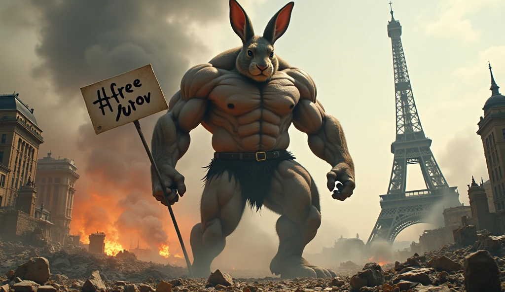 Rocky Rabbit with a six-pack body and a very tall height destroys the city of Paris, the buildings collapse due to the power of Rocky Rabbit, dust and smoke rise and the Eiffel Tower catches fire, there is a sign in Rocky Rabbit's hand that says # FREEDUROV
