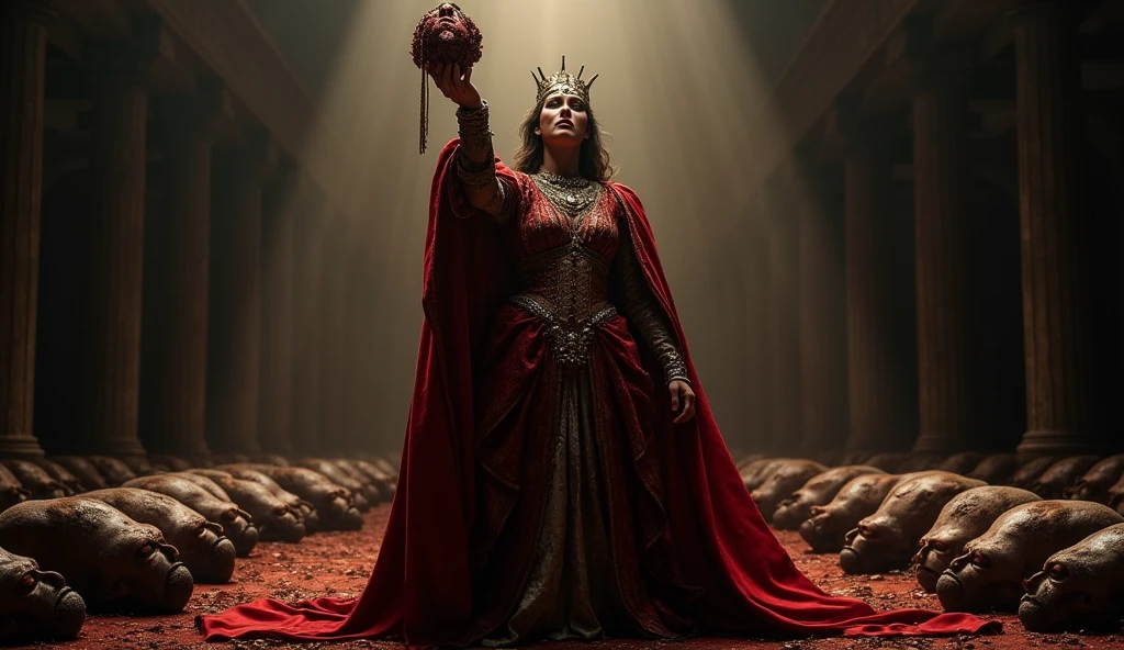 Design a striking and dramatic YouTube thumbnail featuring Jezebel, the biblical queen, in a powerful and menacing pose. She should be centrally positioned, holding the severed head of a prophet in her hands, with a chilling expression of triumph and malevolence. Dress her in lavish, richly adorned garments in deep reds and golds to signify her power and dark influence.
In the background, depict several lifeless prophets without heads, tered and arranged to convey the scale of her cruelty. Use a dark and moody color palette with high contrast to create a sense of drama and intensity. Incorporate bold, eye-catching text for the video titlsuch as "Jezebel: Queen of Bloodshed" or "The Ruthless Reign of Jezebel," ensuring it stands out against the dark and intense background.
The overall design should evoke a sense of horror and intrigue, compelling viewers to click on the video to learn more about the dramatic and brutal aspects of Jezebel's story.