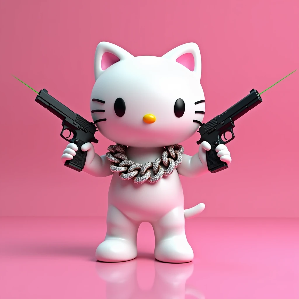 (Hello Kitty white) (3D format) (empty pink background) She has some diamond Cubans on her neck, In one hand he holds a black Glock with a green laser, and in the other hand he has a 38 revolver pointing at the sky.
