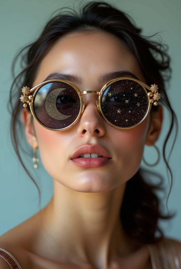 The model is wearing glass sunglasses with stars and the moon on the glass