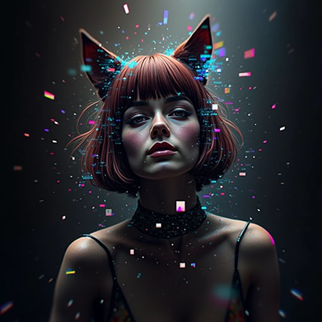 (masterpiece, top quality, best quality, official art, beautiful and aesthetic:1.2), 1girl, red hair, cat ears, (glitch art), (digital distortion), pixelated fragments, data corruption,colorful noise, visual chaos,contemporary aesthetics
