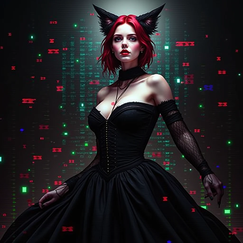 (masterpiece, top quality, best quality, official art, beautiful and aesthetic:1.2), 1girl, red hair, cat ears, (glitch art), (digital distortion), pixelated fragments, data corruption,colorful noise, visual chaos,contemporary aesthetics