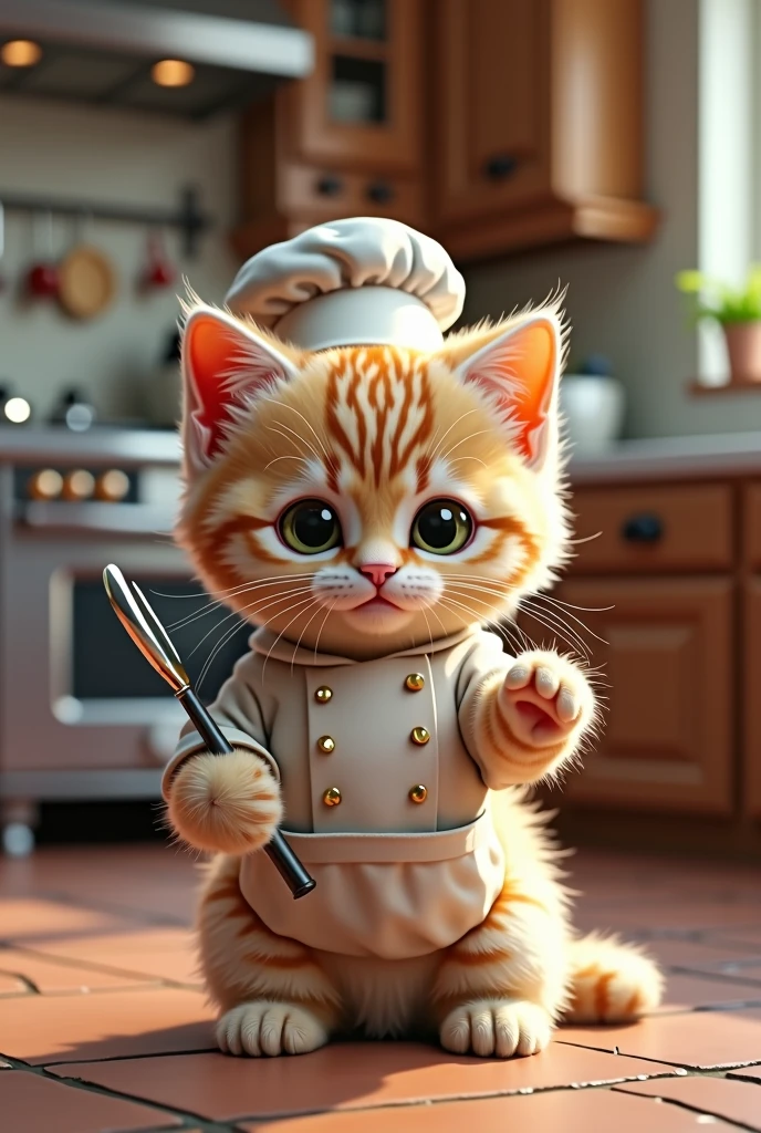 kitten　cute　Chef costume　Kitchen background　Real