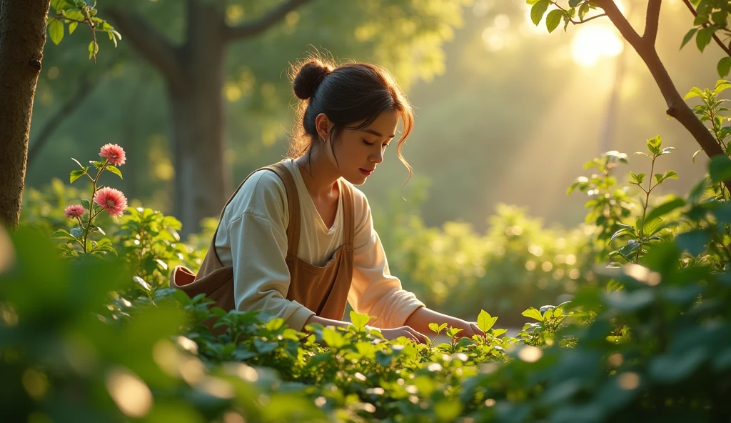 A serene scene of a Taurus individual in a lush garden, tending to their plants with calm and dedication, representing stability and growth. The mood should be peaceful and nurturing. --ar 16:9