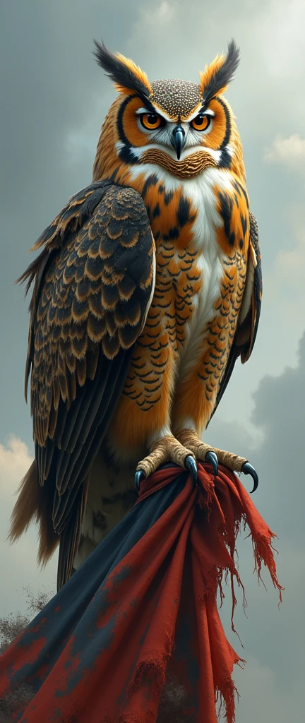 The mighty owl with beautifull feather, with an aura of darkness and light around him, he perched on a flag that had been burned due to war