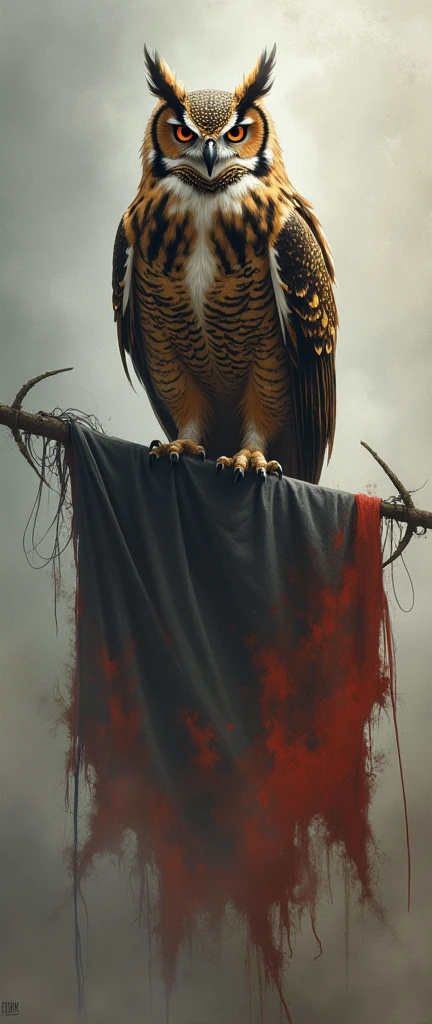 The mighty owl with beautifull feather, with an aura of darkness and light around him, he perched on a flag that had been burned due to war