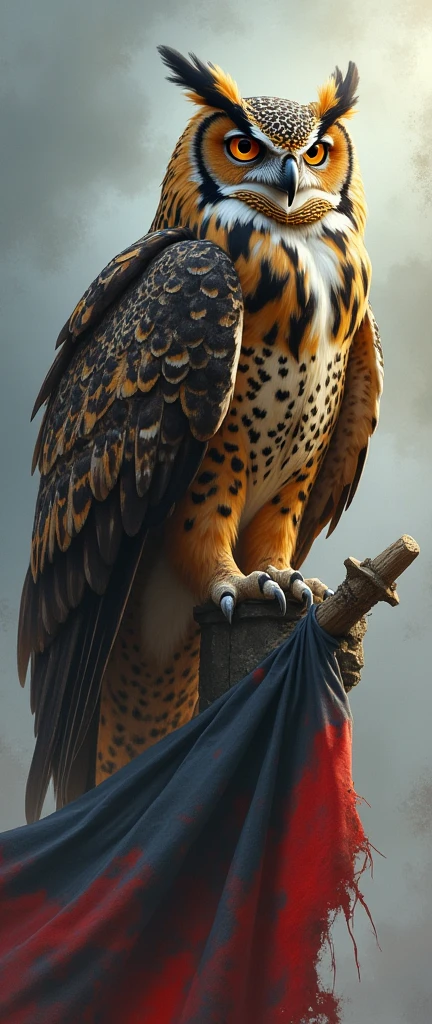 The mighty owl with beautifull feather, with an aura of darkness and light around him, he perched on a flag that had been burned due to war