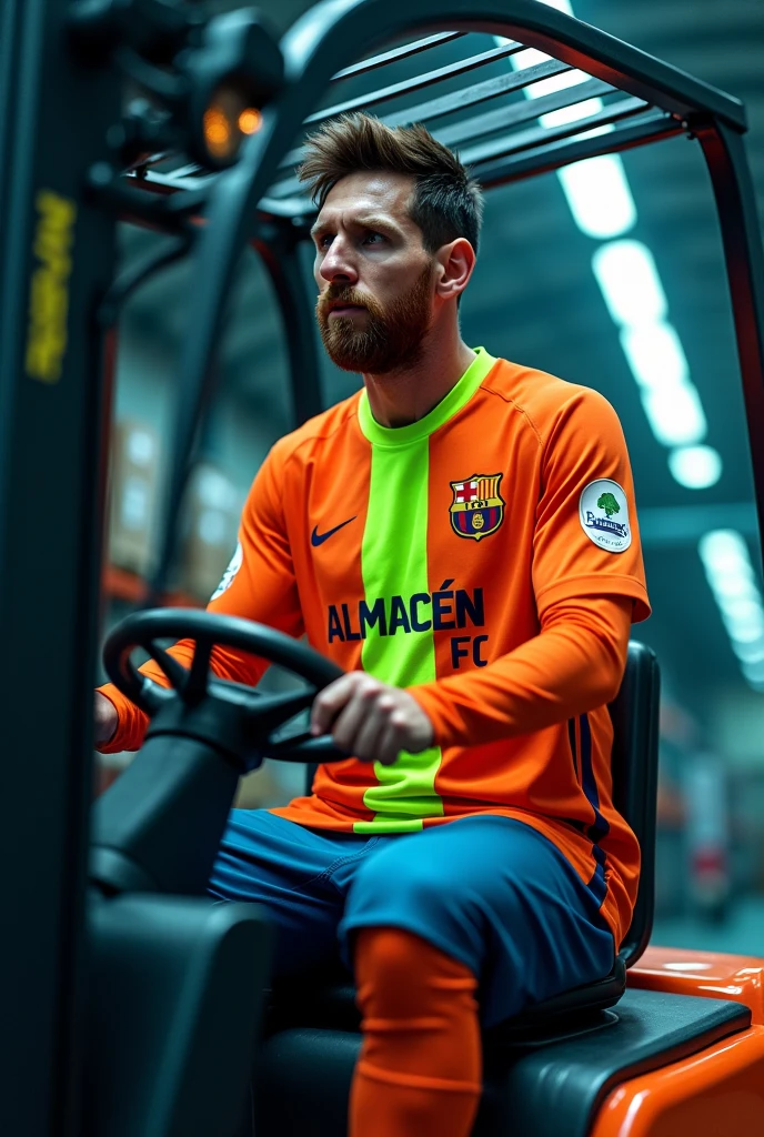Messi wearing an orange shirt with a fluorescent green stripe in the middle that says Almacén FC and driving a forklift.
