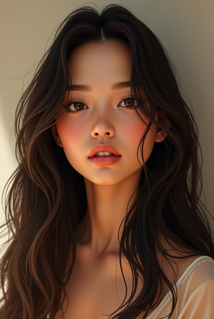 Help me make a girl hair: long, Wavy, and dark in color. Her hair is abundant and falls loosely., framing your face naturally.
face: Her face is oval with a warm, dark skin tone and a little chubby. She has some freckles or natural marks that give her a touch of authenticity..
eyes: Their eyes are medium sized and have a dark color a little bigger Nose: She has an average sized and shaped nose that complements her face well..
Lips: Her lips are of a normal size,