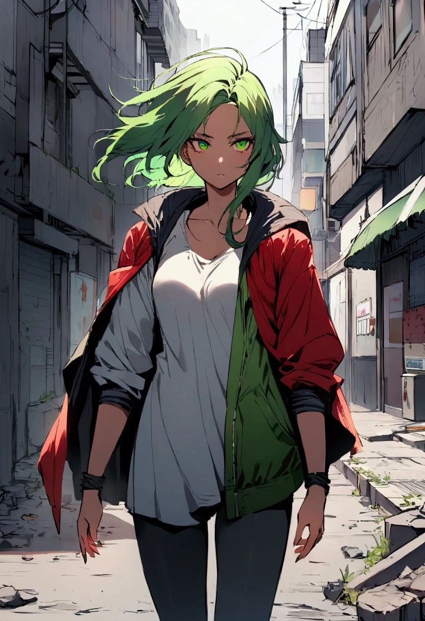 girl with a slim, athletic figure, marked by the need to survive in a harsh city. Her hair is short and vibrant green, with brightly colored streaks that reflect her rebellious and creative spirit. Her eyes are a steel-gray hue, deep and full of determination. Her skin is fair, though often marked by the dust and dirt of life on the streets. She wears worn, second-hand clothing, but she combines it in a unique way, with layers of fabric that allow her to survive the urban climate.