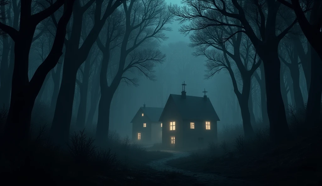 3D animated style image of A dark and forgotten town, seen in the distance in the middle of the night, with only a few dim lights on in the houses. The town is surrounded by a dark and thick forest, whose shadows extend menacingly towards the buildings. The tall, twisted trees of the forest seem to watch over the town, creating an atmosphere of mystery and solitude. The scene is disturbing, with the town almost lost in the vastness of darkness and the forest that surrounds it.