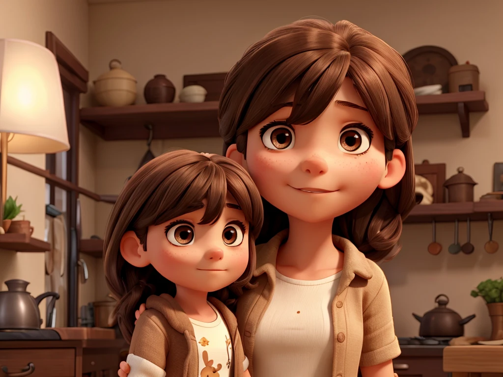 Show a child, Female Gender, long dark brown hair, with bangs and dark eyes, next to his father, Your mother, an aunt and a grandmother