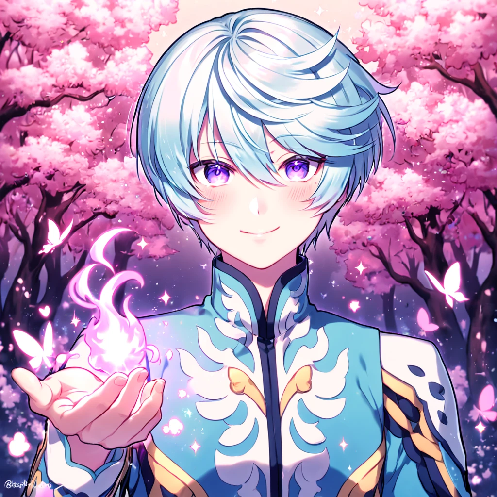 absurdres, highres, ultra detailed, HDR, master piece, best quality, extremely detailed, detailed eyes, Mikleo, white hair, expressive purple eyes, Tales Of Zestiria, solo, sexy man, sensual, handsome, smile, adult face, light-blue clothes, white patterns, under a pink tree, fantasy, magical, glittering fireflies, pink butterflies, pink flames, magic, pink leaves