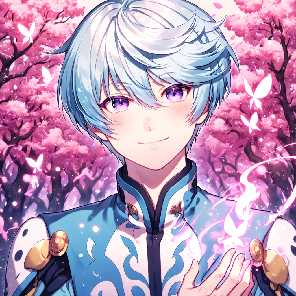 absurdres, highres, ultra detailed, HDR, master piece, best quality, extremely detailed, detailed eyes, Mikleo, white hair, expressive purple eyes, Tales Of Zestiria, solo, sexy man, sensual, handsome, smile, adult face, light-blue clothes, white patterns, under a pink tree, fantasy, magical, glittering fireflies, pink butterflies, pink flames, magic, pink leaves