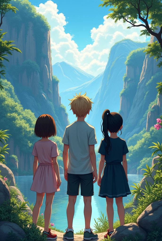 Two girls and a boy from the back, the first girl has straight, short, shoulder-length brown hair and is wearing a pale pink dress. The second girl has long, ponytail-length, wavy, black hair with black clothes, and the boy has blond hair with any clothes and is tall, looking at a landscape of a magical world. They are all teenagers, that is, tall, plus the boy.
