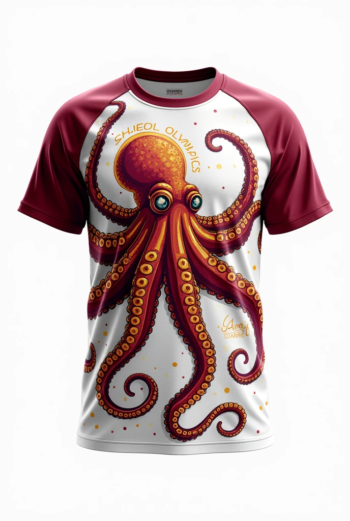 A school Olympics shirt with an octopus on the logo and along the shirt the tencalos in burgundy and gold colors