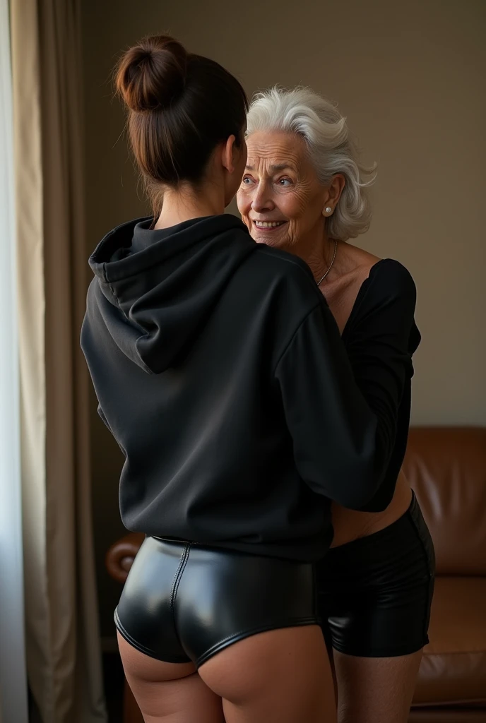 black woman hair in a bun black hoodie black leather short shorts being fucked in the ass by a old grandma in a dress