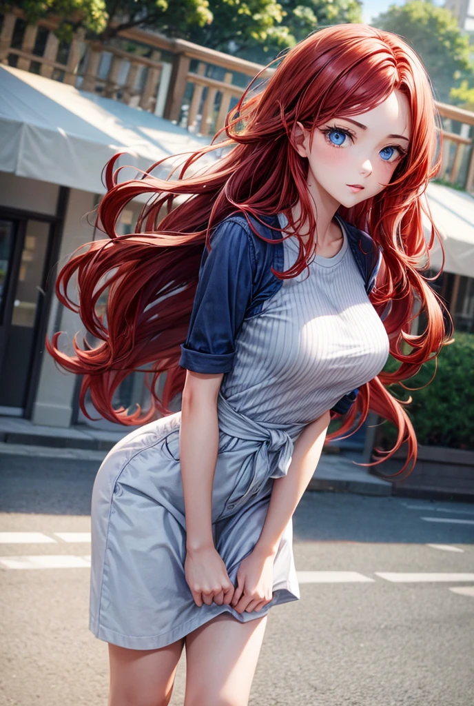 Girl with waist-length red hair with waves, blue eyes, medium breasts, slim waist casual wear
