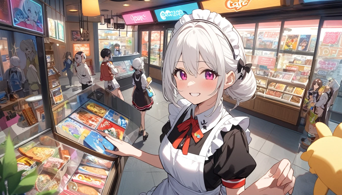 A woman with white hair and cute clothes、First visit to Akihabara。On Electric Town Street、Colorful neon signs sparkle、A store with the latest gadgets and figurines々is standing side by side。From the entrance of the game center、Rhythmic music plays、Huge posters featuring anime and manga characters catch your eye。A maid cafe employee greets customers with a smile、The whole town exudes an otherworldly atmosphere.。The main character as a tourist、While wondering which store to stop at,、Enjoy the excitement of Akihabara。