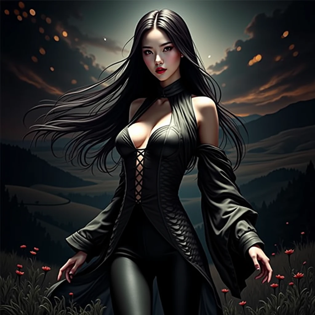 (Realisticity: 1.3), Fine, Quality, Rembrandt Lighting, (Masterpiece: 1.2), (Realisticity: 1.2), (Best Quality), (Skin Details: 1.3), (Intricate Detail), Dramatic, Idyllic, Ray Tracing, 1girl, Chinese Yellow Girl, Long Black Hair, 2, Modern Clothing (Meadow, Sun, Clouds, Fields, Farms, Starlight, Trails)
