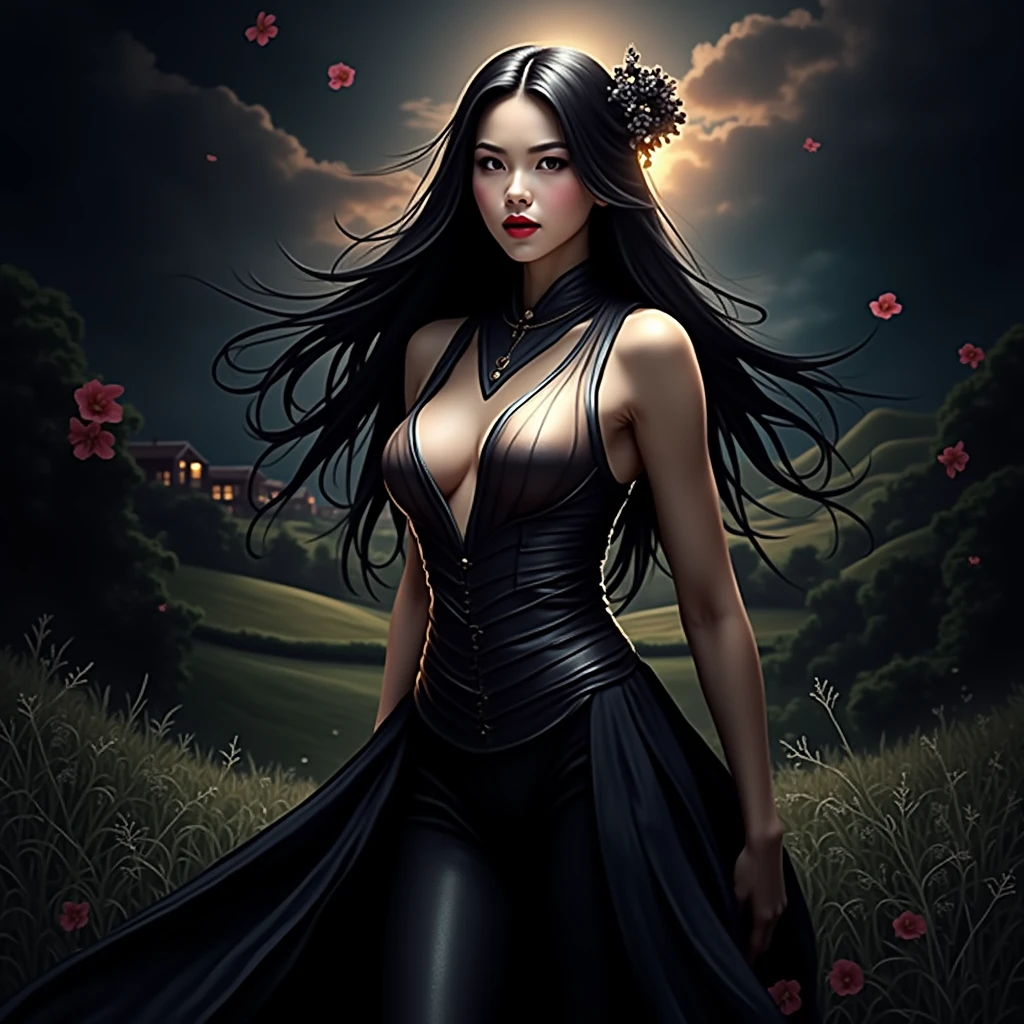 (Realisticity: 1.3), Fine, Quality, Rembrandt Lighting, (Masterpiece: 1.2), (Realisticity: 1.2), (Best Quality), (Skin Details: 1.3), (Intricate Detail), Dramatic, Idyllic, Ray Tracing, 1girl, Chinese Yellow Girl, Long Black Hair, 2, Modern Clothing (Meadow, Sun, Clouds, Fields, Farms, Starlight, Trails)