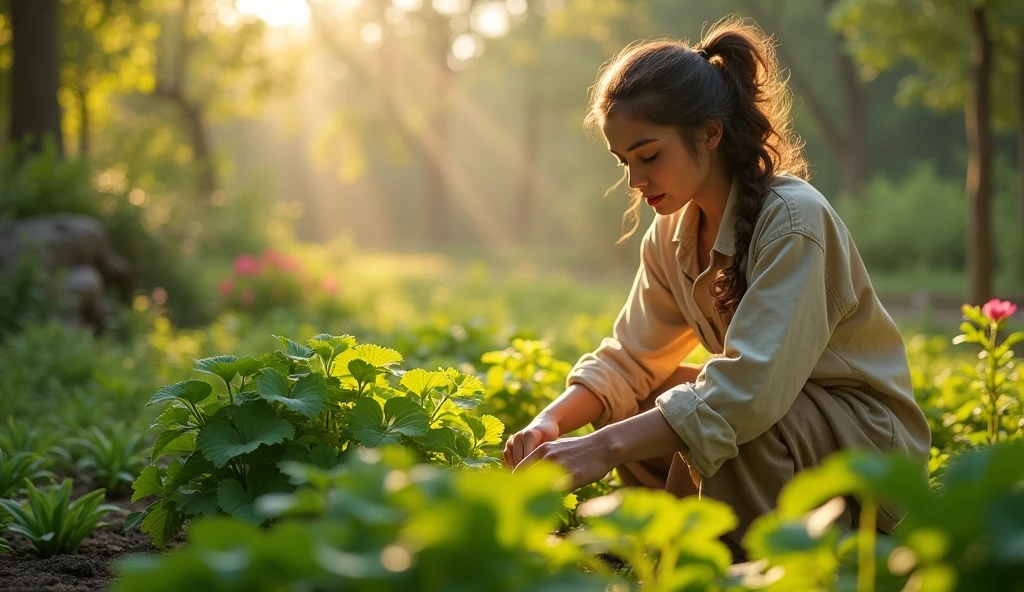 A serene scene of a Taurus individual in a lush garden, tending to their plants with calm and dedication, representing stability and growth. The mood should be peaceful and nurturing. --ar 16:9