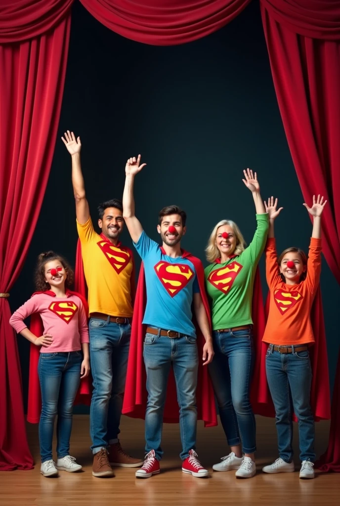 Group of 5 ordinary people, men, women and children, They are between 8 and 60 years old, dressed as superman with a cape, They wear colorful shirts, Each one wears a small red clown nose, Three of them have their arms raised, Everyone has a happy expression, They are standing in the middle of a theatre stage with the curtain open. 