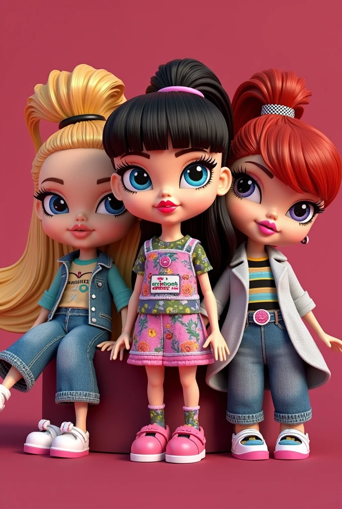 3d illustration Bratz doll with bangs 3 different brunette, blonde and redhead