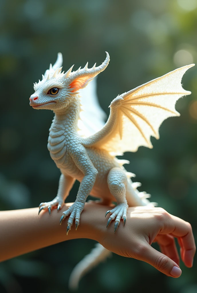 A dragon, Standing on the wrist, like an eagle ,  dragon, white color 